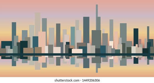 Panorama of the city. Reflection of the city in the water. Skyscrapers at sunset. Cityscape. Vector illustration