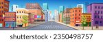 Panorama city with shops,  building, crossing,  mall  and traffic light .Vector illustration in flat style.