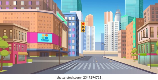 Ciudad de Panorama con tiendas, construcción, cruce, centro comercial y semáforo .Vector ilustración de estilo plano.