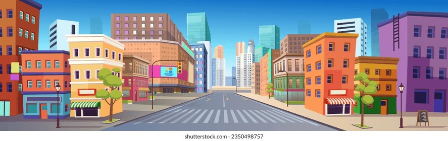 Ciudad de Panorama con tiendas, construcción, cruce, centro comercial y semáforo .Vector ilustración de estilo plano.