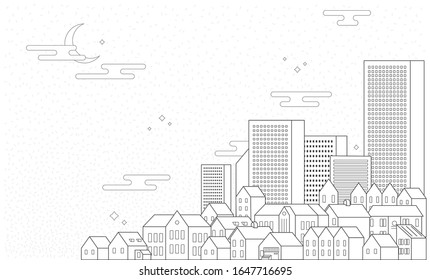 Panorama of city with skyline at night. Urban landscape. Lineart with white background