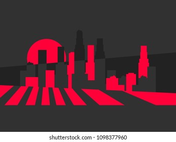 Panorama of city with skyscrapers. Light between buildings. Megalopolis in retro style. Vector illustration