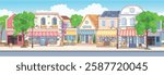 Panorama city spring. Panorama street with houses, shops, cafes and blooming trees. Cozy street in flat cartoon style.