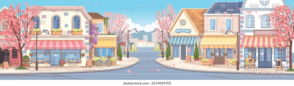 Panorama city spring. Panorama street with houses, shops, cafes and blooming trees. Cozy street in flat cartoon style.