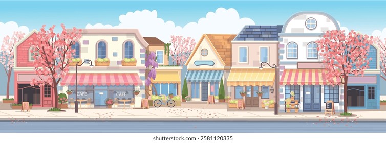 Panorama city spring. Panorama street with houses, shops, cafes and blooming trees. Cozy street in flat cartoon style.