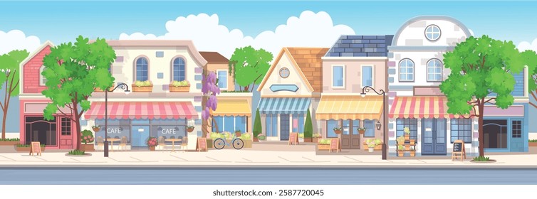 Panorama city spring. Panorama street with houses, shops, cafes and blooming trees. Cozy street in flat cartoon style.