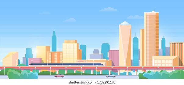 Panorama de la ilustración vectorial del metro de la ciudad. Paisaje urbano plano caricaturizado con tren de metro moderno que viaja por ferrocarril en puente ferroviario, edificios de oficinas y autos callejeros, fondo de horizonte