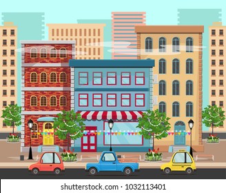 Panorama of a city with trees, houses, lanterns, road with cars. Vector illustration.