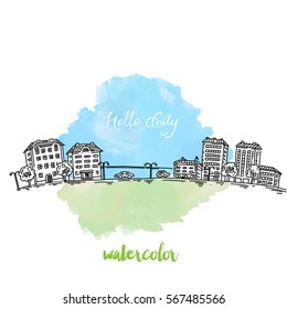 Panorama City view landscape, sketch hand drawn style, for travel and tourism business design