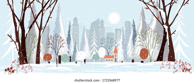 Panorama city in winter holidays landscape, Christmas and new year 2021 celebrated with cityscape background,Vector flat of horizontal banner winter wonderland in the town.