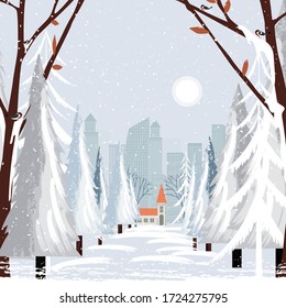 Panorama city in winter holidays landscape, Christmas and new year celebrated with cityscape background,Vector flat of horizontal banner winter wonderland in the town.