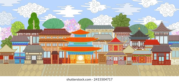 Panorama cityscape with Chinese asian two-story architecture buildings, pagoda temple, colorful cute ethnic ancient houses. Cloudy town landscape with blossom trees and paved square