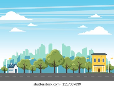 Panorama cityscape with different buildings. Private houses, cottage with park and blue skyIllustration on blue background. Vector illustration