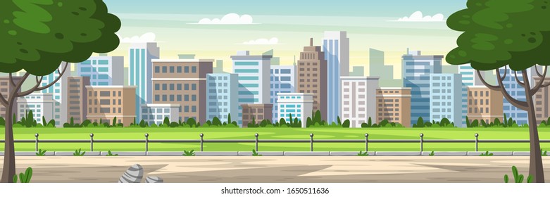 Panorama cityscape with park and trees. Cartoon Vector Illustrations with separate layers. 