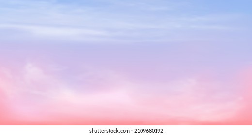 Panorama Clear blue to red sky and white cloud detail  with copy space. Sky Landscape Background. Summer heaven with colorful clearing sky.  Blue Sky and clouds background. Vector illustration.