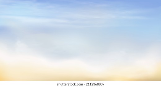 Panorama Clear blue to yellow sky and white cloud detail  with copy space. Sky Landscape Background.Summer heaven with colorful clearing sky. Vector illustration.Sky clouds background.