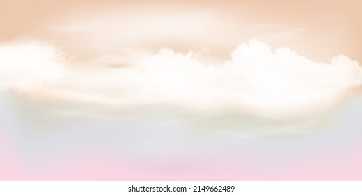 Panorama cielo transparente rosa a beige y detalles en la nube blanca con espacio para copiar. Antecedentes horizontales del cielo. Cielo de verano con un cielo despejado colorido. Ilustración vectorial. Fondo de las nubes del cielo.
