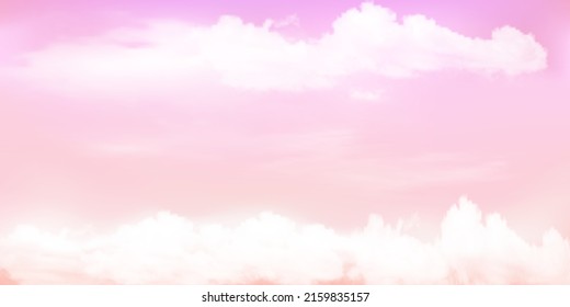 Panorama cielo transparente de rosa a naranja o amarillo y detalles en la nube blanca con espacio para copiar. Antecedentes horizontales del cielo. Cielo de verano con un cielo despejado colorido. Ilustración del vector.Fondo de las nubes del cielo.