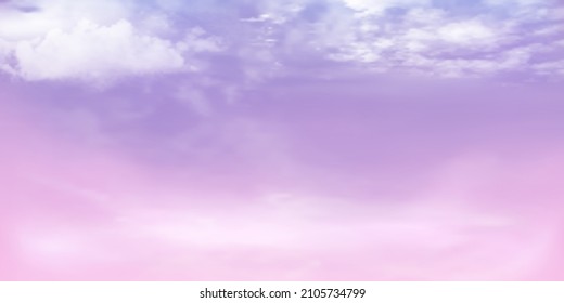 Panorama Cielo transparente de color morado a rosa y detalles en la nube blanca con espacio para copiar. Antecedentes horizontales del cielo. Cielo de verano con un cielo despejado colorido. Ilustración del vector.Fondo de las nubes del cielo.