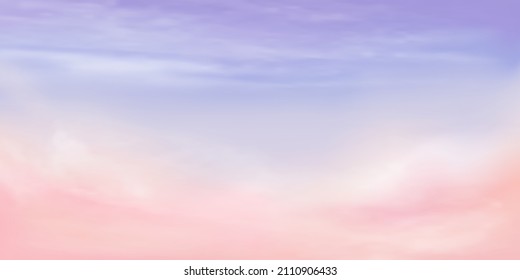 Panorama Clear purple to pink sky and white cloud detail  with copy space. Sky Landscape Background. Summer heaven with colorful clearing sky.  Blue Sky and clouds background. Vector illustration.