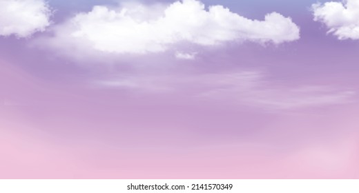 Panorama Clear purple to pink sky and white cloud detail  with copy space. Sky Landscape Background.Summer heaven with colorful clearing sky. Vector illustration.Sky clouds background.