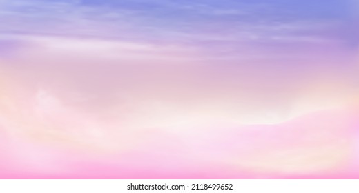 Panorama Clear purple to pink or yellow sky and white cloud detail  with copy space. Sky Landscape Background. Summer heaven with colorful clearing sky. Vector illustration. Sky clouds background.