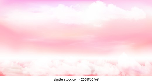 Panorama Clear red to pink sky and white cloud detail  with copy space. Sky Landscape Background.Summer heaven with colorful clearing sky. Vector illustration.Sky clouds background.