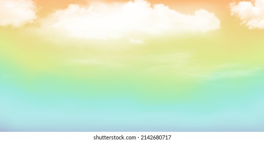 Panorama Clear yellow to green sky and white cloud detail  with copy space. Sky Landscape Background.Summer heaven with colorful clearing sky. Vector illustration.Sky clouds background.