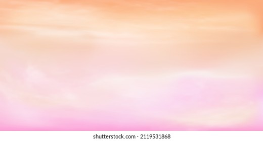 Panorama cielo claro amarillo a rosa y detalles en la nube blanca con espacio para copiar. Antecedentes horizontales del cielo. Cielo de verano con un cielo despejado colorido. Ilustración del vector.Fondo de las nubes del cielo.