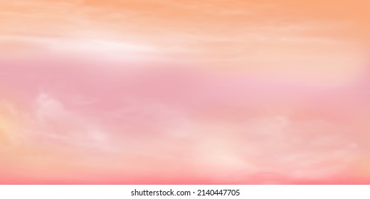 Panorama cielo claro amarillo a rosa y detalles en la nube blanca con espacio para copiar. Antecedentes horizontales del cielo. Cielo de verano con un cielo despejado colorido. Ilustración del vector.Fondo de las nubes del cielo.