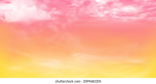 Panorama cielo claro amarillo a rojo y nubes blancas con espacio de copia. Paisaje del cielo. Cielo de verano con un cielo despejado de colores. Ilustración vectorial. Bonita naturaleza. Fondo de las nubes del cielo