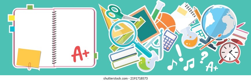 Panorama concept of school supplies. School set. Set of flat university elements. Vector illustration