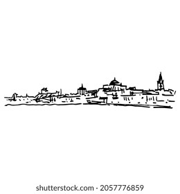 Panorama of Cordova or Córdoba, Spain. Urban landscape. Hand drawn linear sketch. Black and white silhouette.