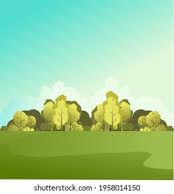 panorama of the countryside, beautiful landscape of a sunny day, grassy field and forest, vector illustration