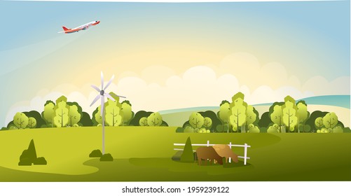 panorama of the countryside, beautiful landscape of a sunny day, grassy field and forest, vector illustration