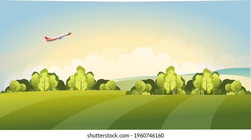 panorama of the countryside, beautiful landscape of a sunny day, grassy field and forest, vector illustration