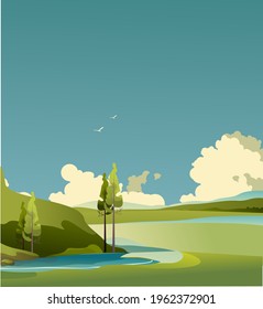 panorama del campo, hermoso paisaje de un día soleado, campo y bosque de hierbas, ilustración vectorial