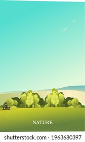panorama of the countryside, beautiful landscape of a sunny day, grassy field and forest, vector illustration