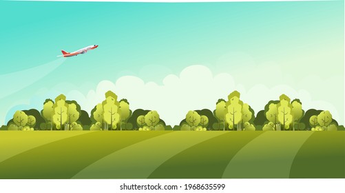 panorama of the countryside, beautiful landscape of a sunny day, grassy field and forest, vector illustration
