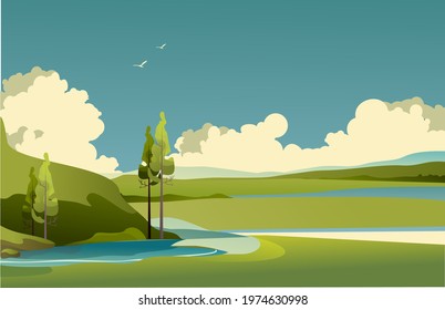 panorama of the countryside, beautiful landscape of a sunny day, grassy field and forest, vector illustration