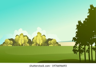 panorama of the countryside, beautiful landscape of a sunny day, grassy field and forest, vector illustration