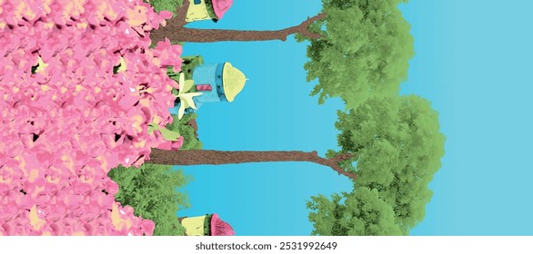 panorama of the countryside, beautiful landscape of a sunny day, grassy field and forest, vector illustration
