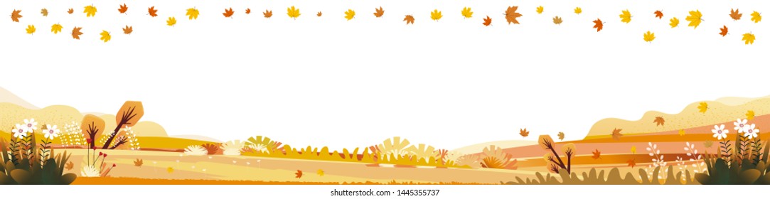 Panorama of Countryside landscape in autumn with copy space, Vector illustration of horizontal banner of autumn with landscape mountains, wild flowers and leaves fallen with yellow foliage.