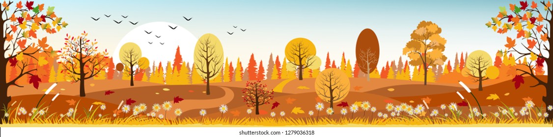 Panorama of Countryside landscape in autumn, Vector illustration of horizontal banner of autumn with landscape mountains, wild flowers and leaves fallen with yellow foliage.