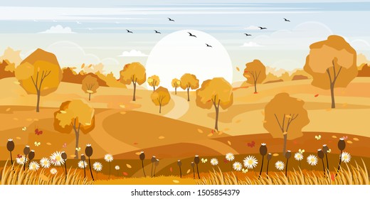 Panorama of Countryside landscape in autumn, Vector illustration of horizontal banner of Autumn landscape, barn, mountains and maple leaves falling from the trees in yellow foliage. Fall seasons 