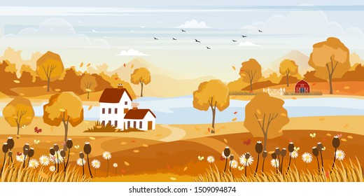 Panorama of Countryside landscape in autumn, Vector illustration of horizontal banner of Autumn landscape, barn, mountains and maple leaves falling from the trees in yellow foliage. Fall seasons 