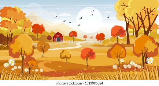 Panorama of Countryside landscape in autumn, Vector illustration of horizontal banner of Autumn landscape, barn, mountains and maple leaves falling from the trees in yellow foliage. Fall seasons 