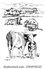 Panorama of countryside landscape with cow and calf. Pen sketch converted to vector drawing