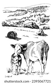 Panorama of countryside landscape with cow and calf. Pen sketch converted to vector drawing