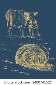 Panorama of countryside landscape with cow and calf. Pen sketch converted to vector drawing
